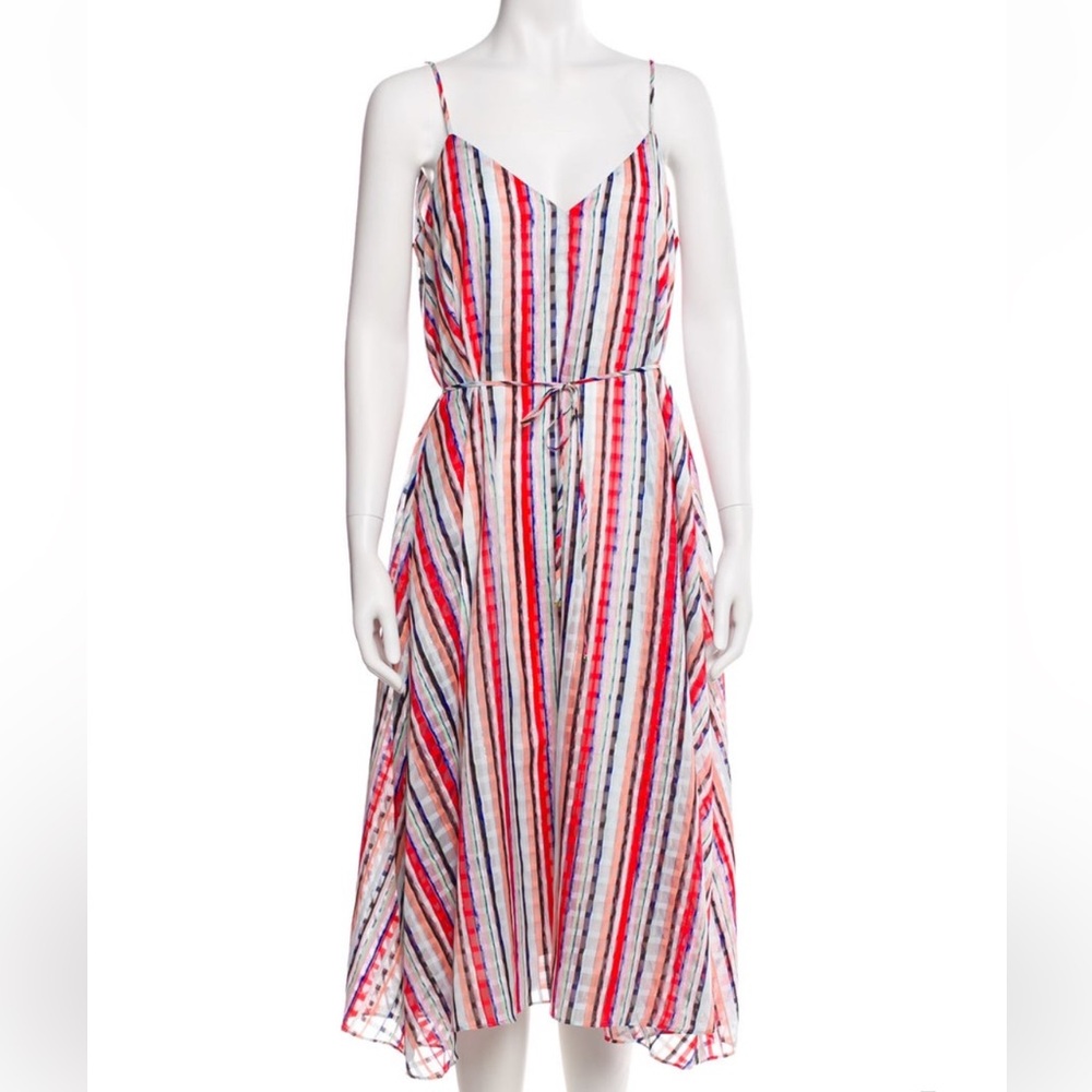 MILLY Becca Watercolor Rainbow Striped V-Neck Midi Dress Red White Gold Sheer P